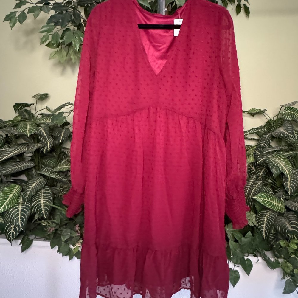 Swiss Dot Long Sleeve V-neckline Party Dress